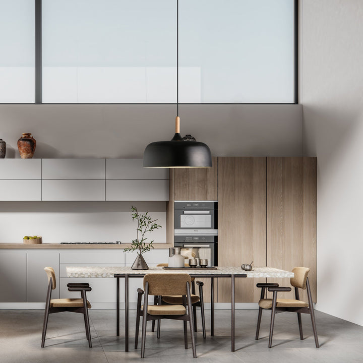 "Modern Nordic metal pendant light with timber top, matt black and white finish, E27, ideal for contemporary interiors."