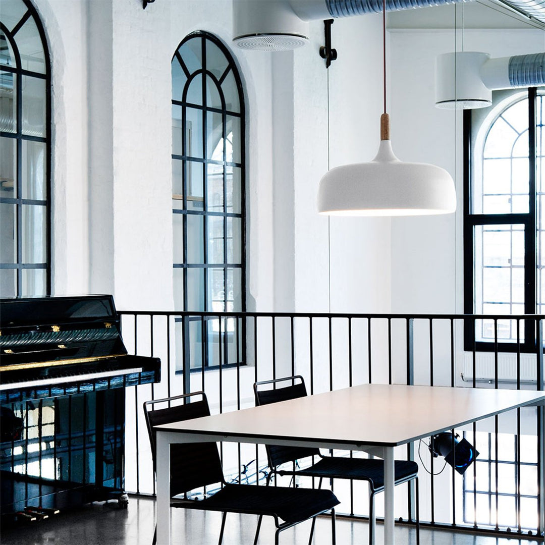 "Modern Nordic metal pendant light with timber top, matt black and white finish, E27, ideal for contemporary interiors."
