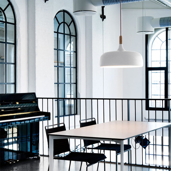 "Modern Nordic metal pendant light with timber top, matt black and white finish, E27, ideal for contemporary interiors."