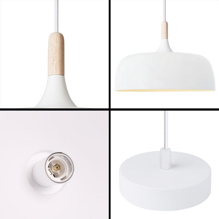 "Modern Nordic metal pendant light with timber top, matt black and white finish, E27, ideal for contemporary interiors."