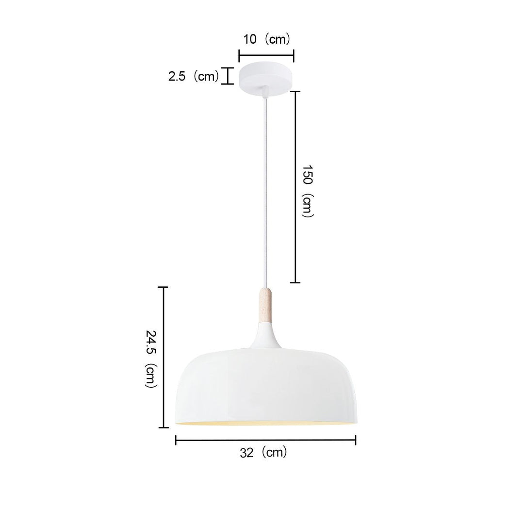 "Modern Nordic metal pendant light with timber top, matt black and white finish, E27, ideal for contemporary interiors."