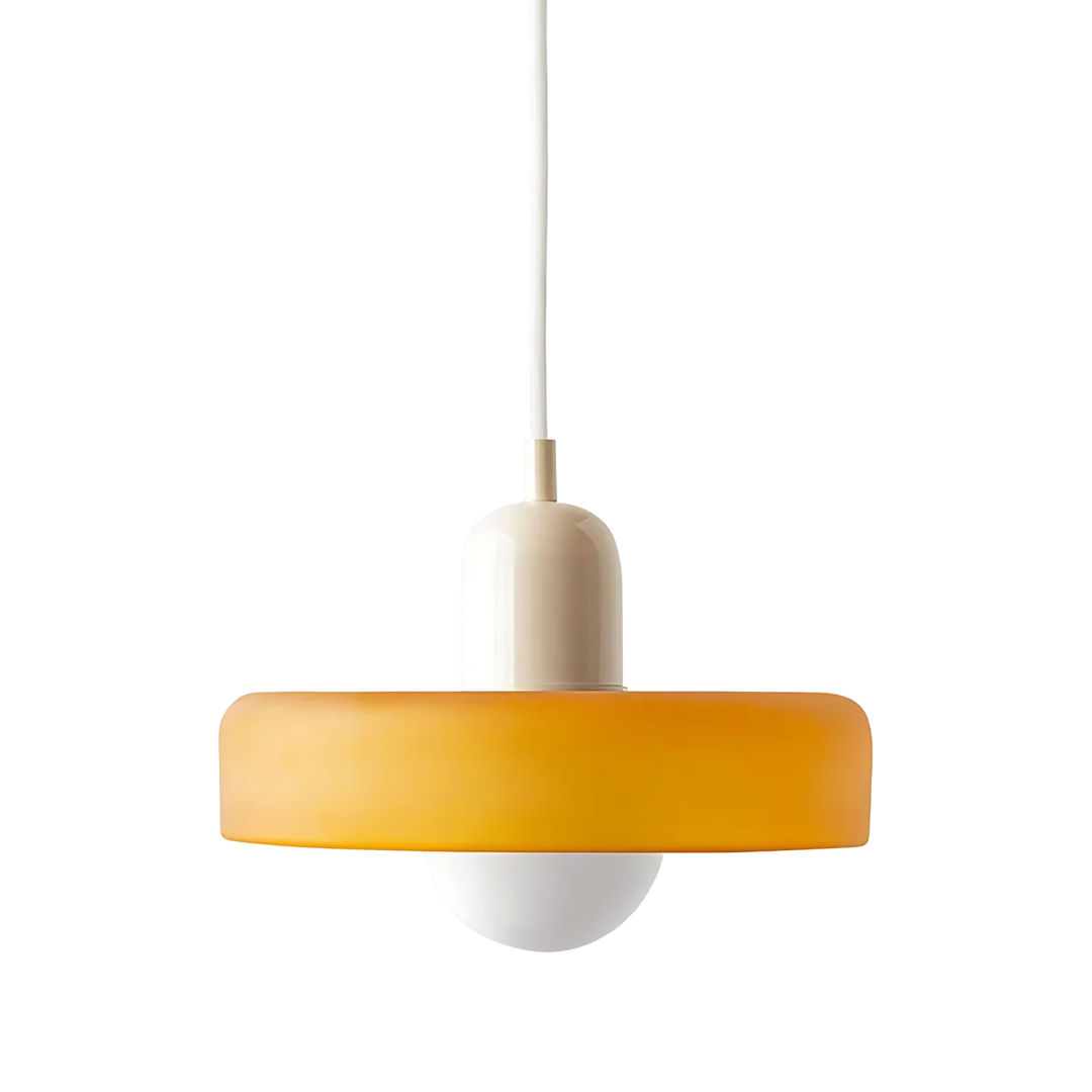 "Modern glass pendant light with sleek glass, brushed metal, ideal for elegant interiors, adds sophistication and warmth."