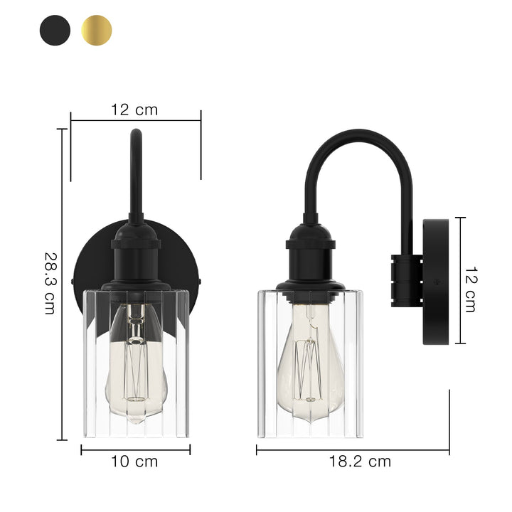 Modern glass wall light with metal frame, glass shade; E27 bulb holder; side profile; elegant design for interior spaces.