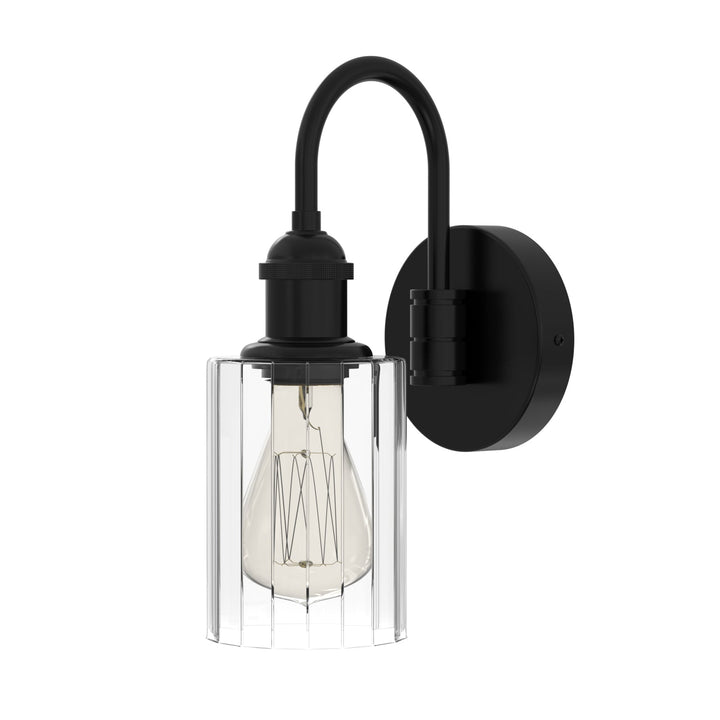 Modern glass wall light with metal frame, glass shade; E27 bulb holder; side profile; elegant design for interior spaces.