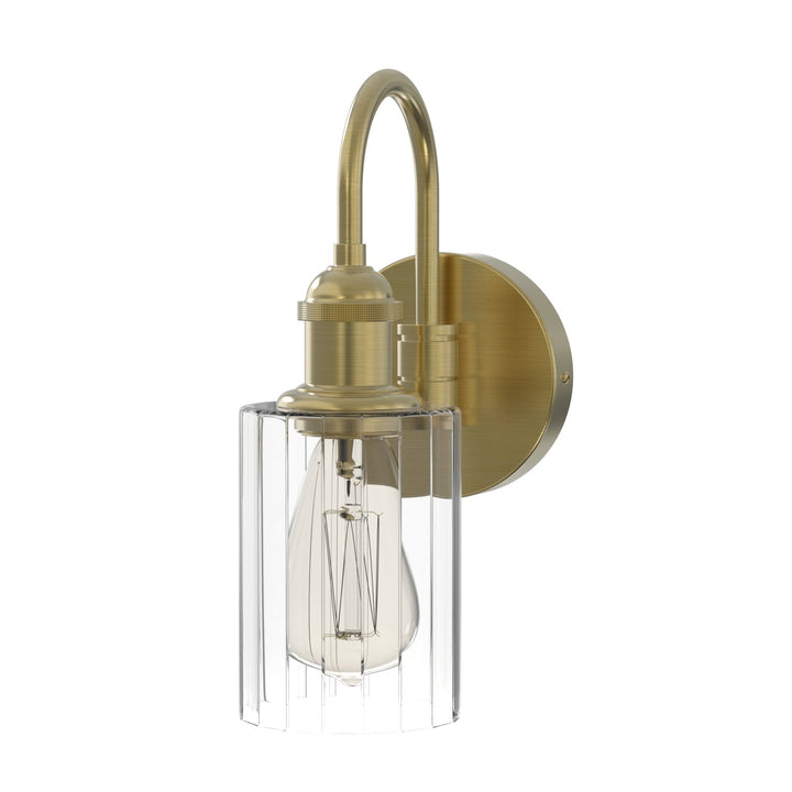 Modern glass wall light with metal frame, glass shade; E27 bulb holder; side profile; elegant design for interior spaces.