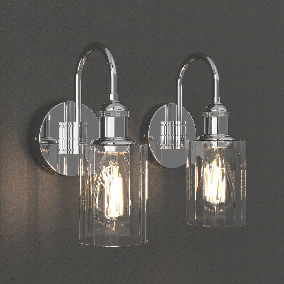 Modern glass wall light with metal frame, glass shade; E27 bulb holder; side profile; elegant design for interior spaces.