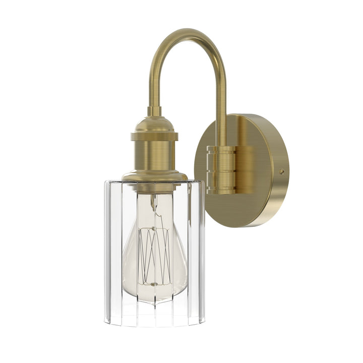 Modern glass wall light with metal frame, glass shade; E27 bulb holder; side profile; elegant design for interior spaces.