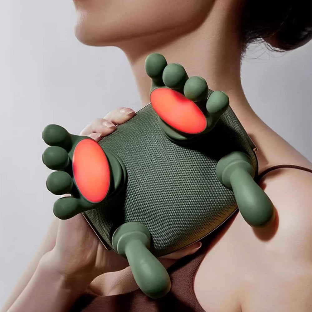 Moss Green neck and shoulder massager, ergonomic design, deep-kneading action, soothing heat therapy, adjustable settings.
