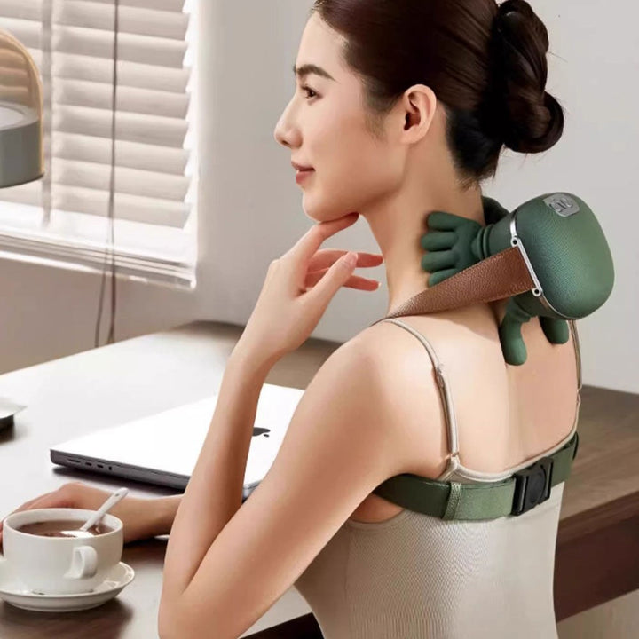 Moss Green neck and shoulder massager, ergonomic design, deep-kneading action, soothing heat therapy, adjustable settings.