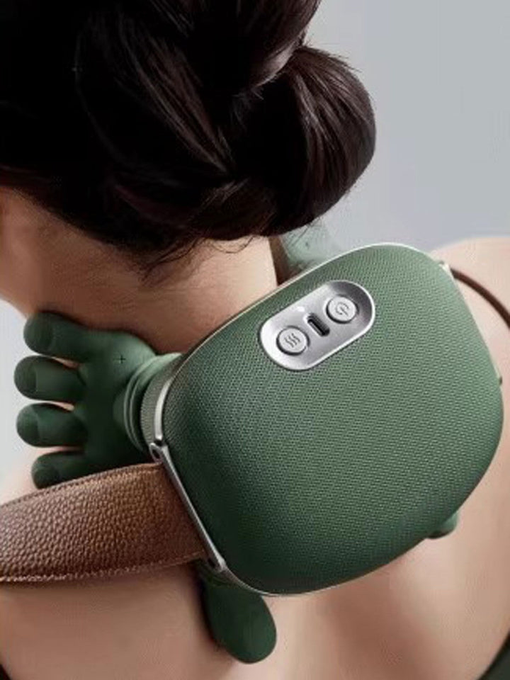 Moss Green neck and shoulder massager, ergonomic design, deep-kneading action, soothing heat therapy, adjustable settings.