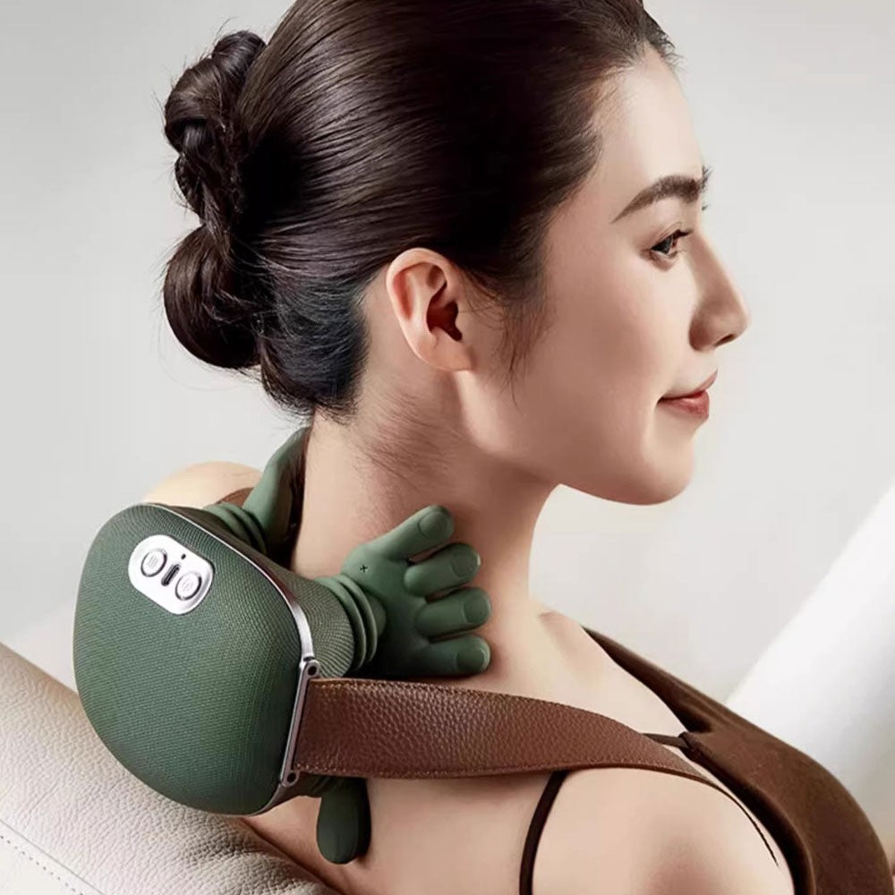 Moss Green neck and shoulder massager, ergonomic design, deep-kneading action, soothing heat therapy, adjustable settings.