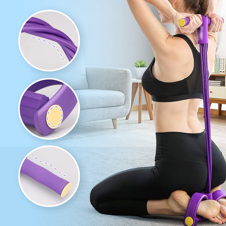 "Multi-Function resistance band with foam handles, vibrant colors, durable latex, enhancing home exercise versatility."