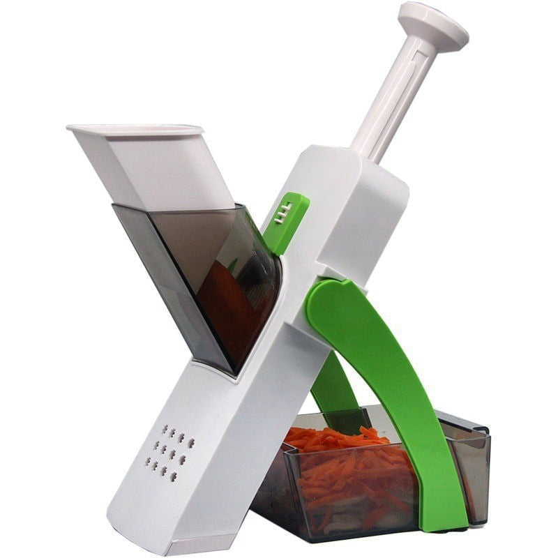 Multifunctional vegetable cutter in blue, green, white; ideal for chopping and slicing fruits, compact design for easy storag