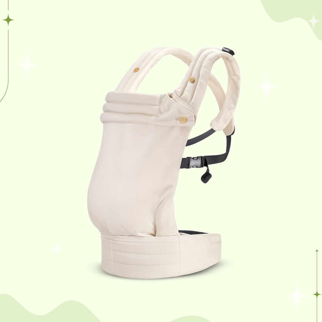 Multi-position baby carrier with plush straps in breathable fabric, for front or back carrying, fits babies 3.2-20 kg.