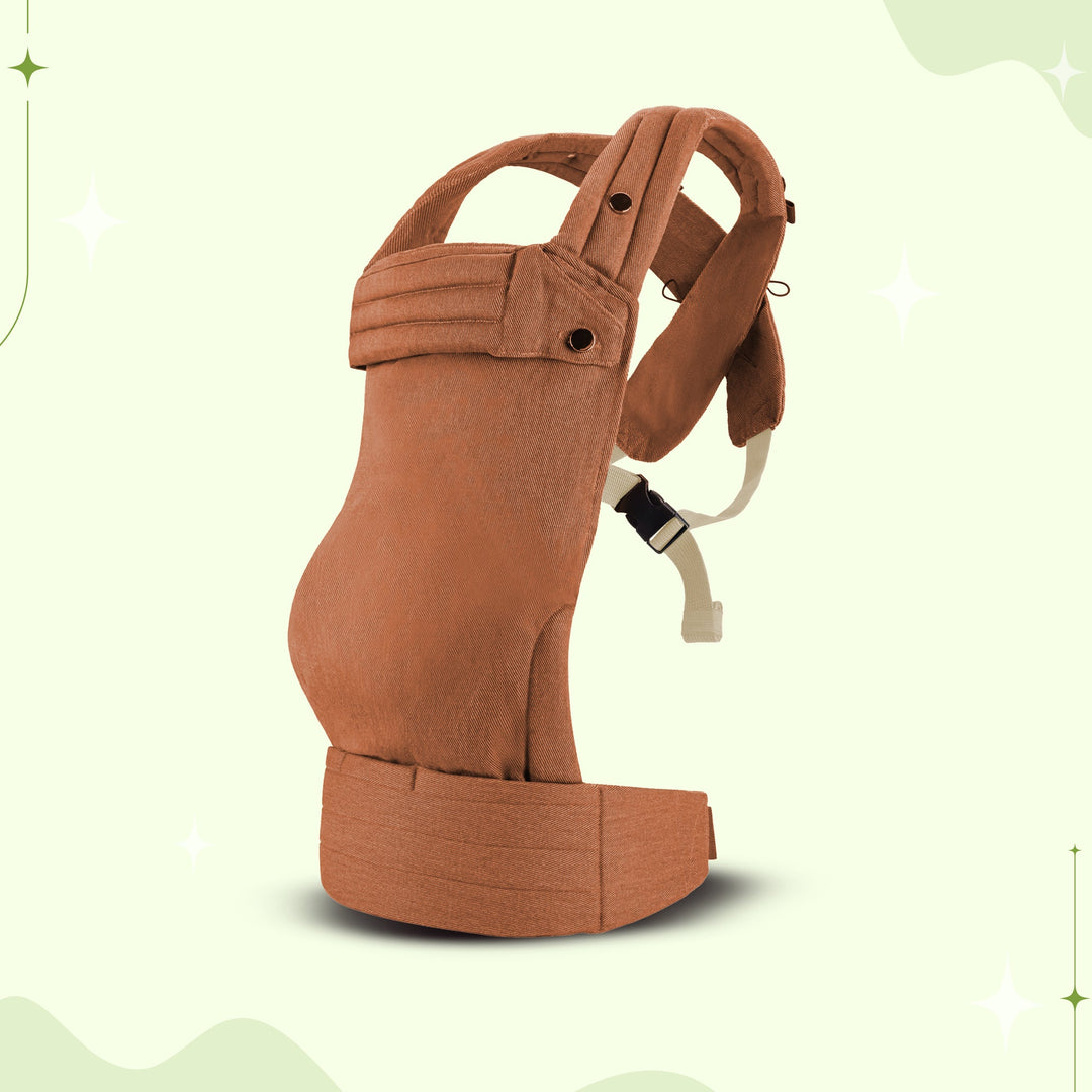Multi-position baby carrier with plush straps in breathable fabric, for front or back carrying, fits babies 3.2-20 kg.