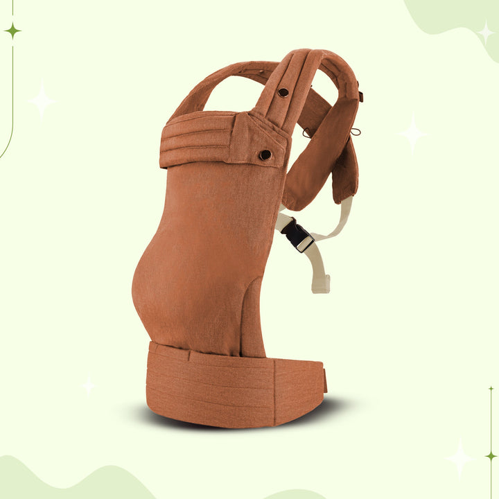Multi-position baby carrier with plush straps in breathable fabric, for front or back carrying, fits babies 3.2-20 kg.