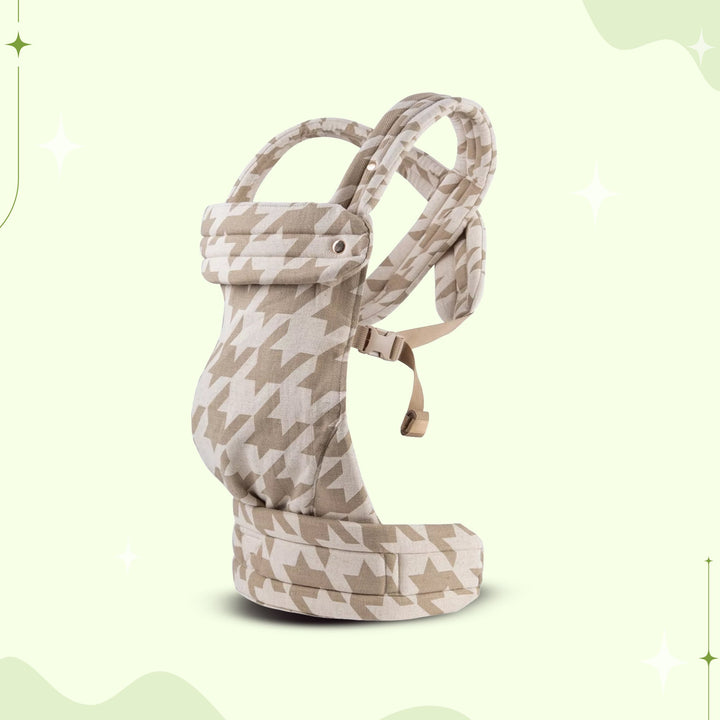 Multi-position baby carrier with plush straps in breathable fabric, for front or back carrying, fits babies 3.2-20 kg.
