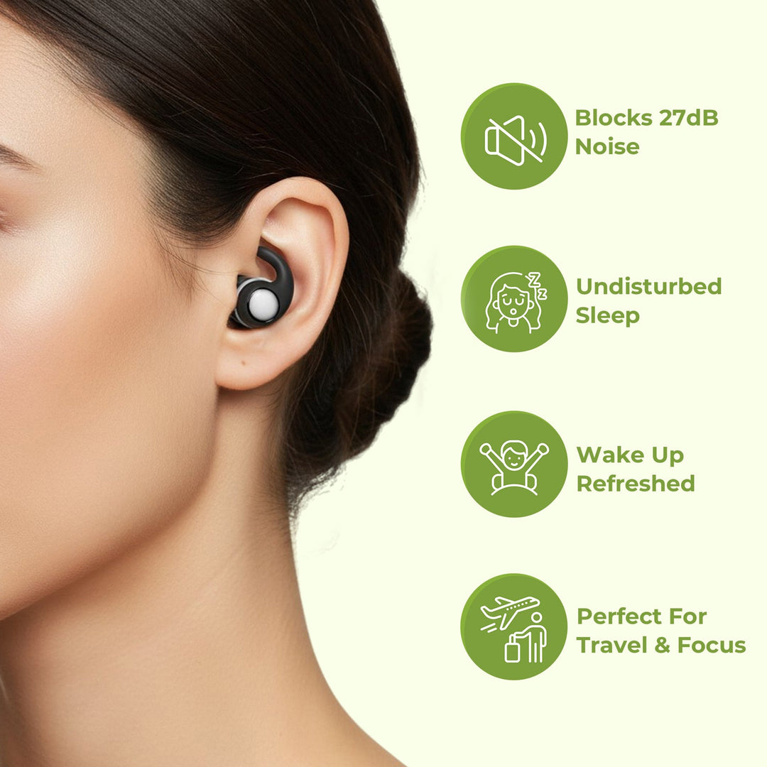 Noise Cancelling Sleep Plugs in Black, Sky Blue, and White. Blocks snoring and noise, designed for comfort and restful nights