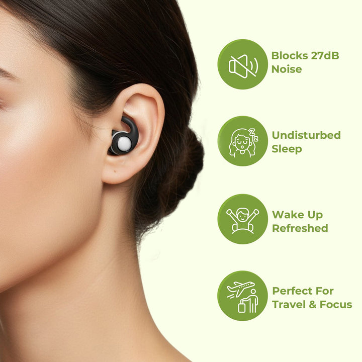 Noise Cancelling Sleep Plugs in Black, Sky Blue, and White. Blocks snoring and noise, designed for comfort and restful nights