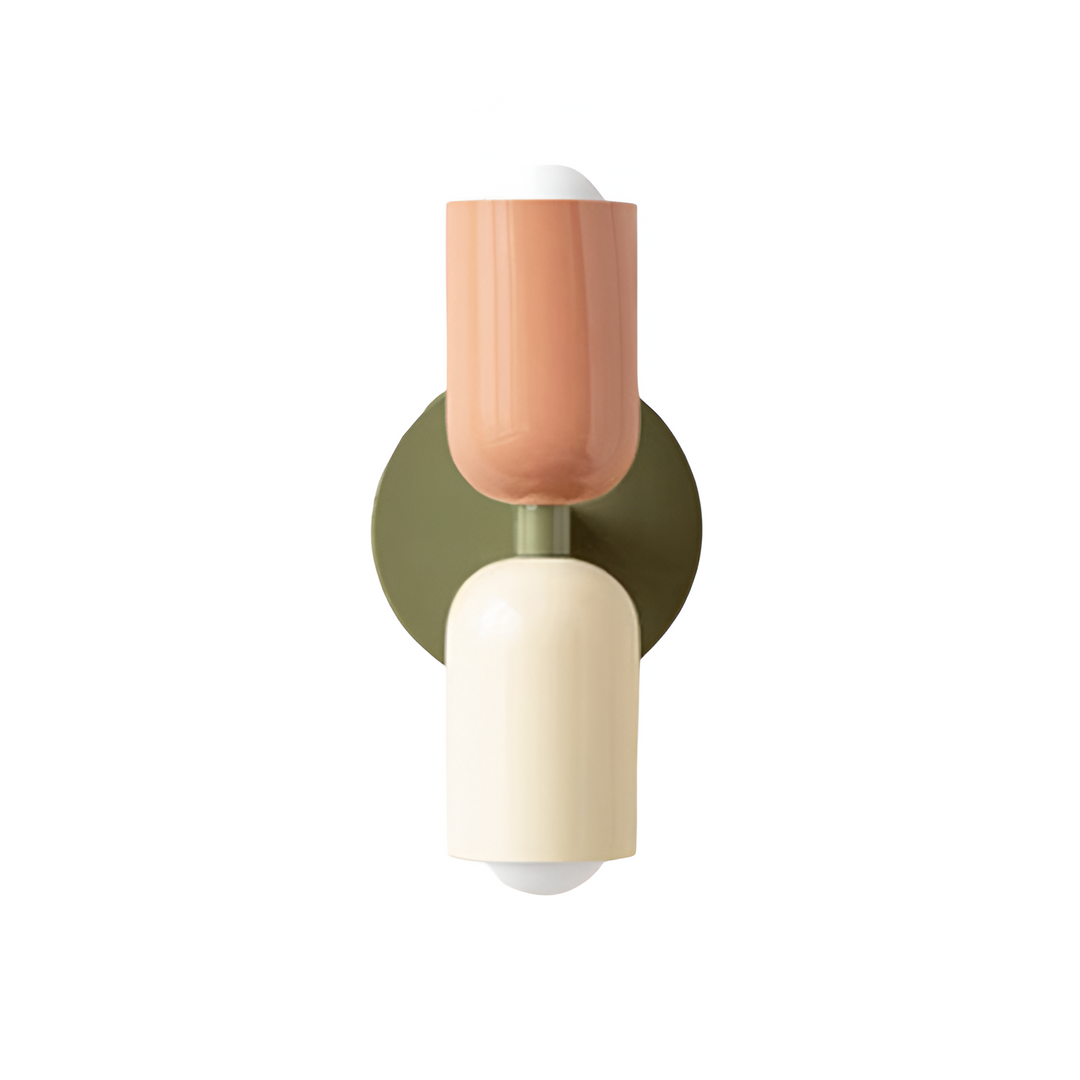 Nordic colourful double head wall light in vibrant colors, painted iron, sleek cylindrical design, casts light up and down.