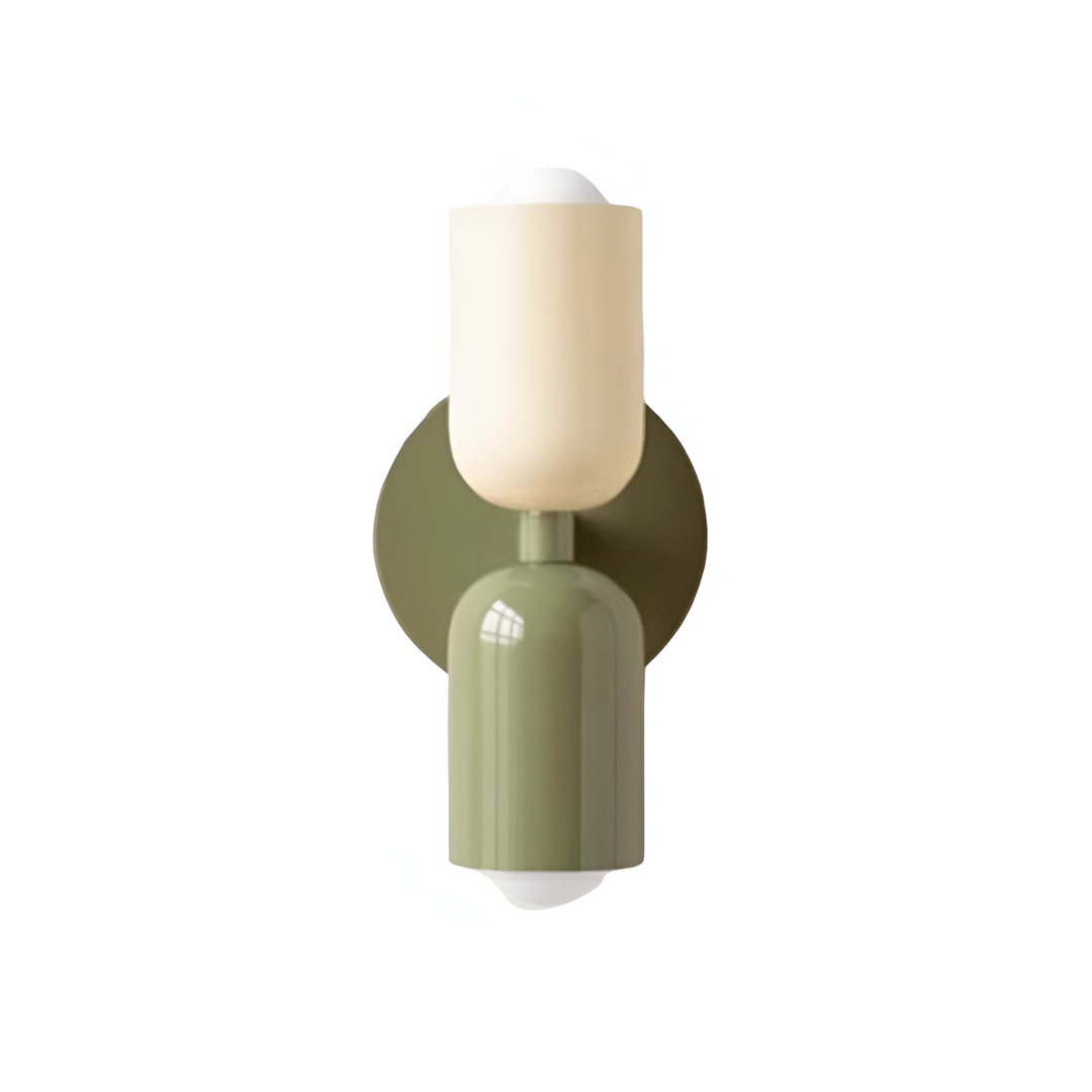 Nordic colourful double head wall light in vibrant colors, painted iron, sleek cylindrical design, casts light up and down.