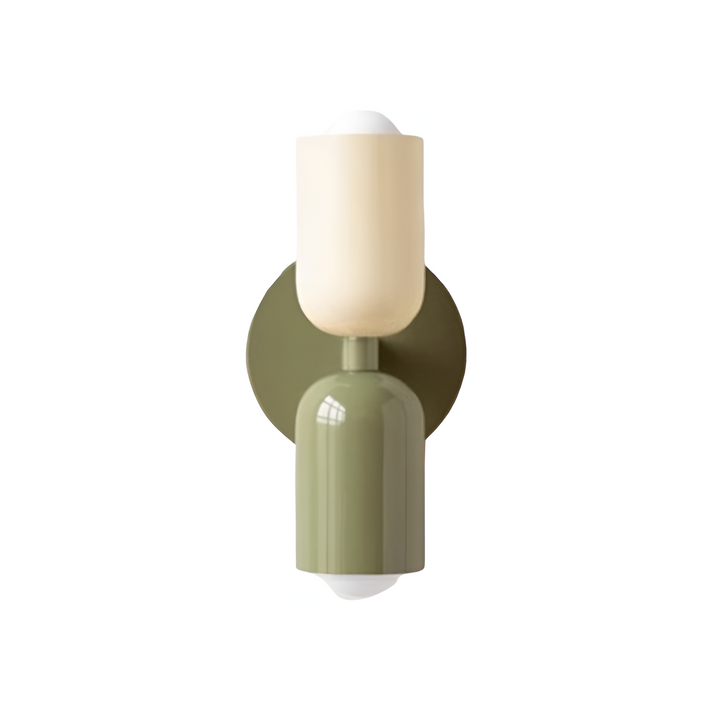 Nordic colourful double head wall light in vibrant colors, painted iron, sleek cylindrical design, casts light up and down.