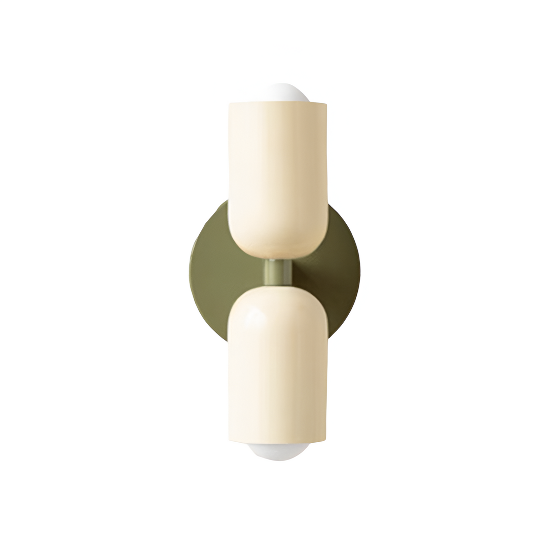 Nordic colourful double head wall light in vibrant colors, painted iron, sleek cylindrical design, casts light up and down.