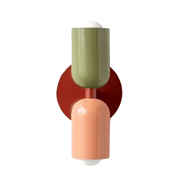 Nordic colourful double head wall light in vibrant colors, painted iron, sleek cylindrical design, casts light up and down.