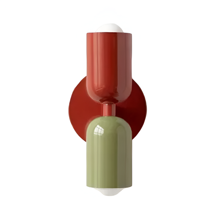 Nordic colourful double head wall light in vibrant colors, painted iron, sleek cylindrical design, casts light up and down.