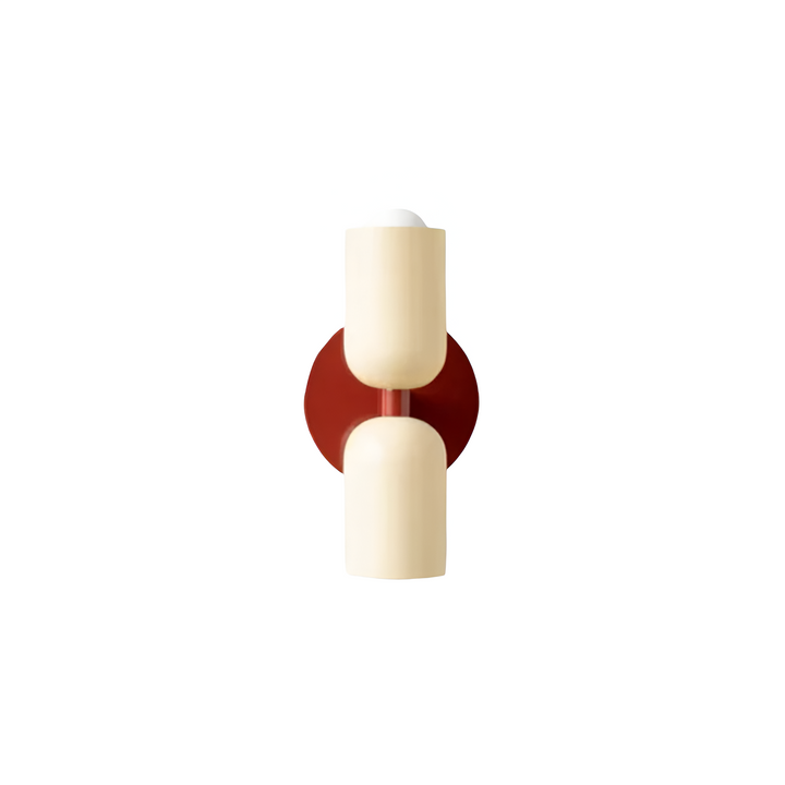 Nordic colourful double head wall light in vibrant colors, painted iron, sleek cylindrical design, casts light up and down.