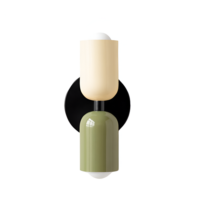 Nordic colourful double head wall light in vibrant colors, painted iron, sleek cylindrical design, casts light up and down.