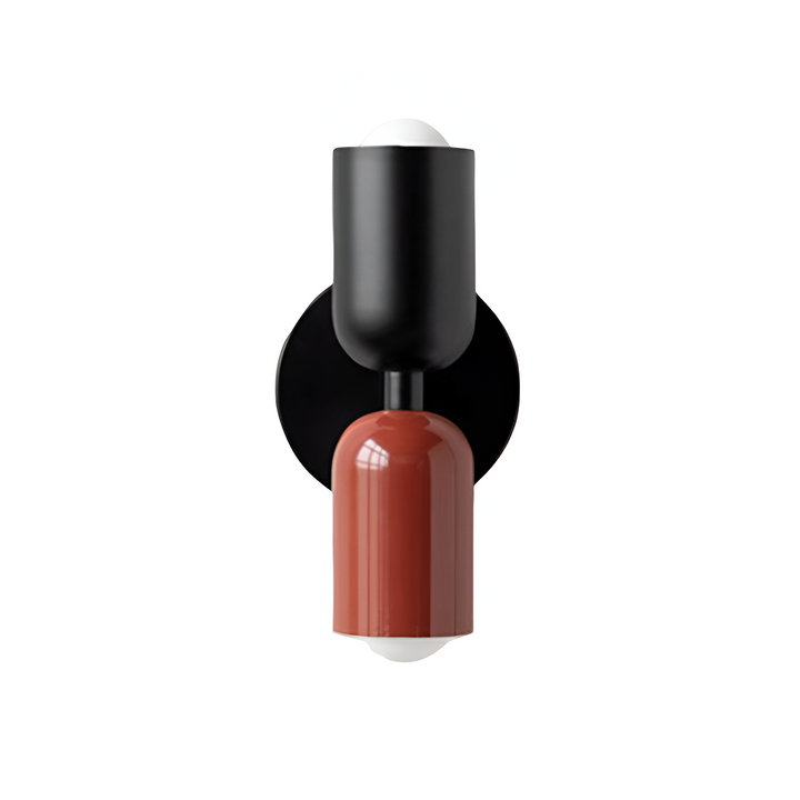 Nordic colourful double head wall light in vibrant colors, painted iron, sleek cylindrical design, casts light up and down.