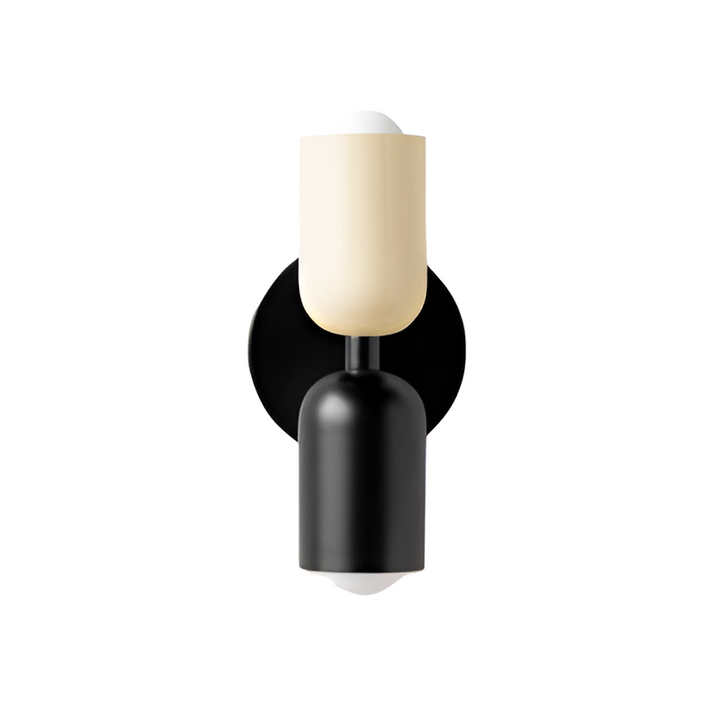 Nordic colourful double head wall light in vibrant colors, painted iron, sleek cylindrical design, casts light up and down.