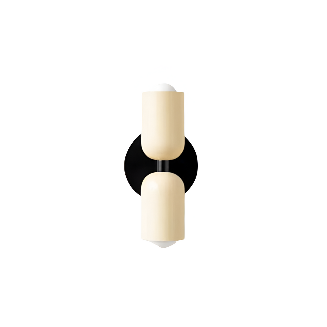 Nordic colourful double head wall light in vibrant colors, painted iron, sleek cylindrical design, casts light up and down.