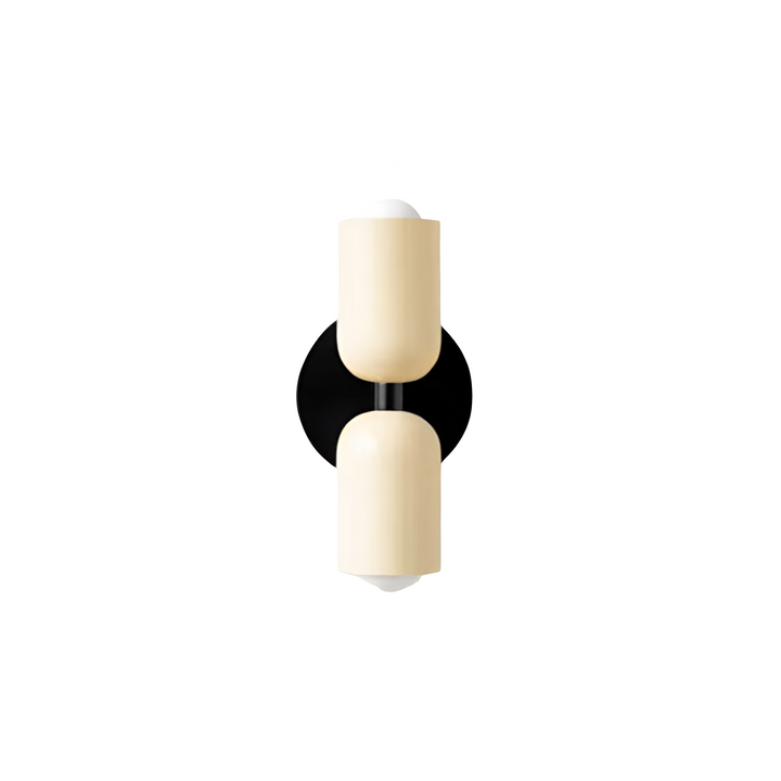 Nordic colourful double head wall light in vibrant colors, painted iron, sleek cylindrical design, casts light up and down.