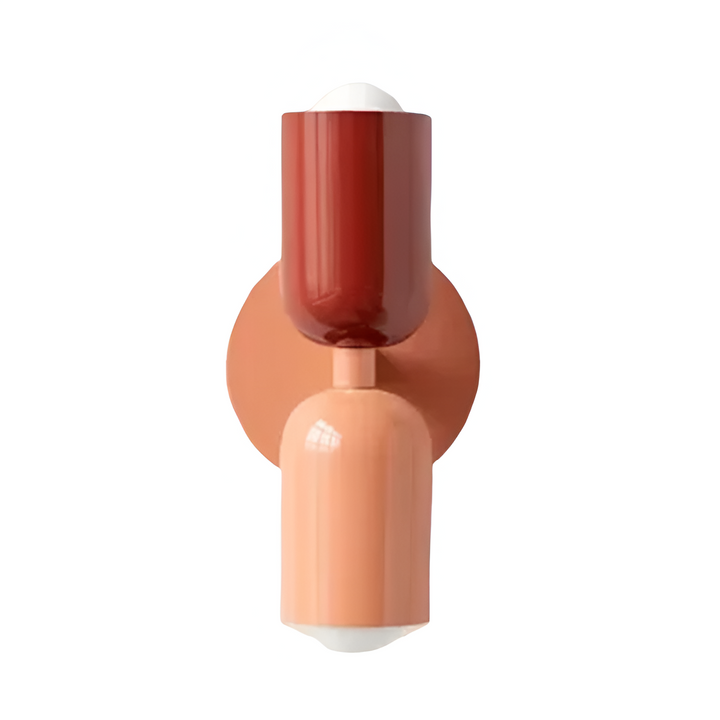 Nordic colourful double head wall light in vibrant colors, painted iron, sleek cylindrical design, casts light up and down.
