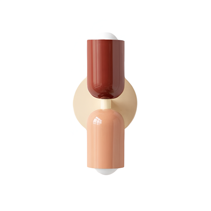 Nordic colourful double head wall light in vibrant colors, painted iron, sleek cylindrical design, casts light up and down.