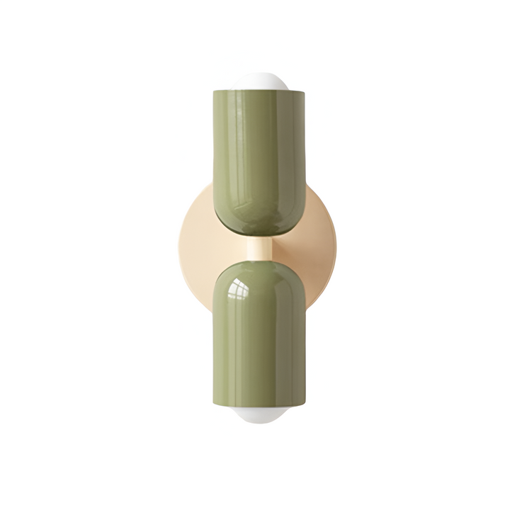Nordic colourful double head wall light in vibrant colors, painted iron, sleek cylindrical design, casts light up and down.