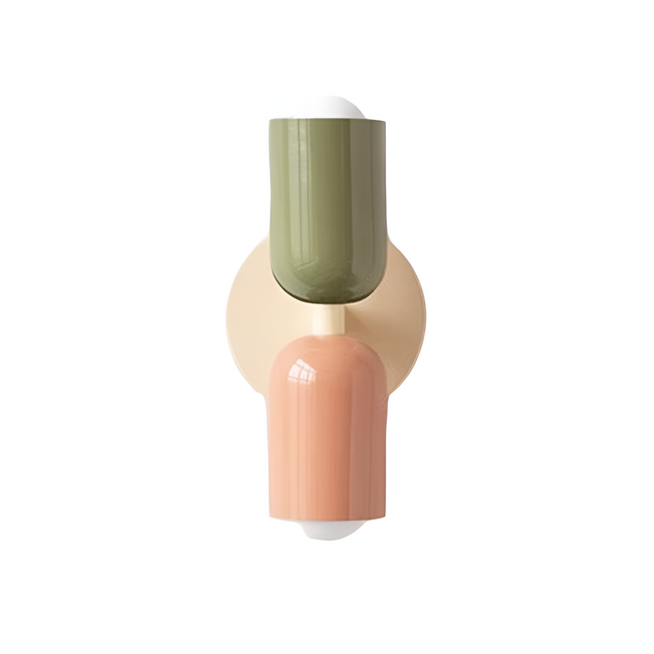 Nordic colourful double head wall light in vibrant colors, painted iron, sleek cylindrical design, casts light up and down.