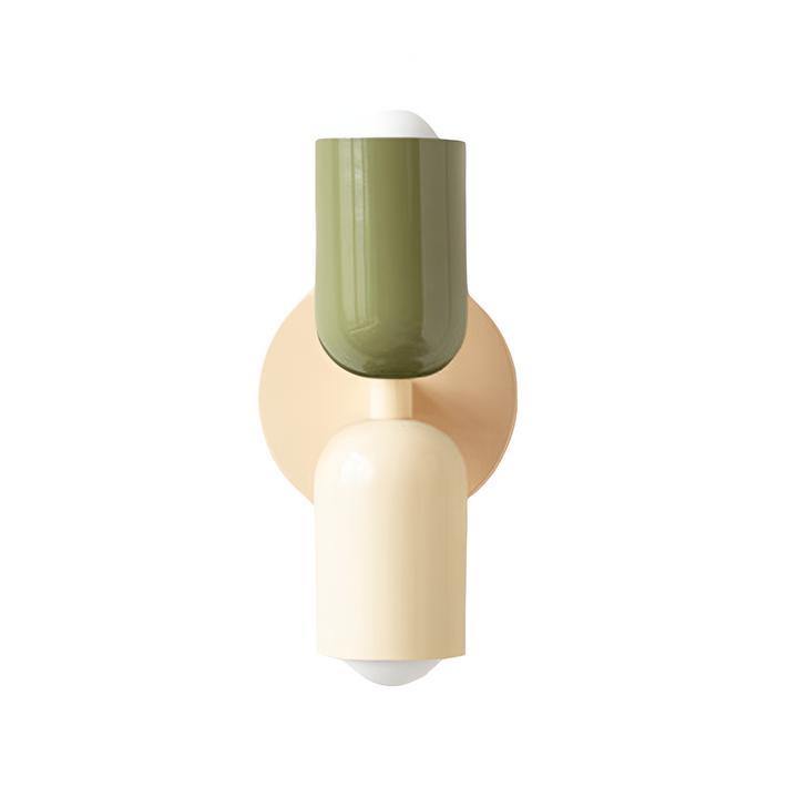 Nordic colourful double head wall light in vibrant colors, painted iron, sleek cylindrical design, casts light up and down.