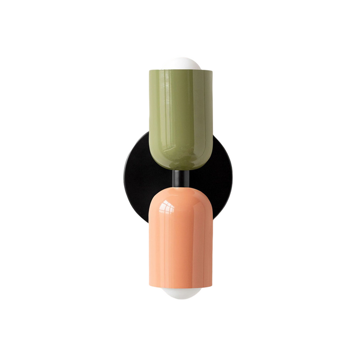 Nordic colourful double head wall light in vibrant colors, painted iron, sleek cylindrical design, casts light up and down.