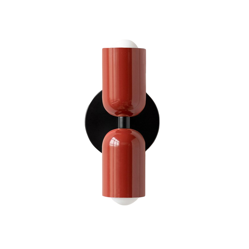 Nordic colourful double head wall light in vibrant colors, painted iron, sleek cylindrical design, casts light up and down.