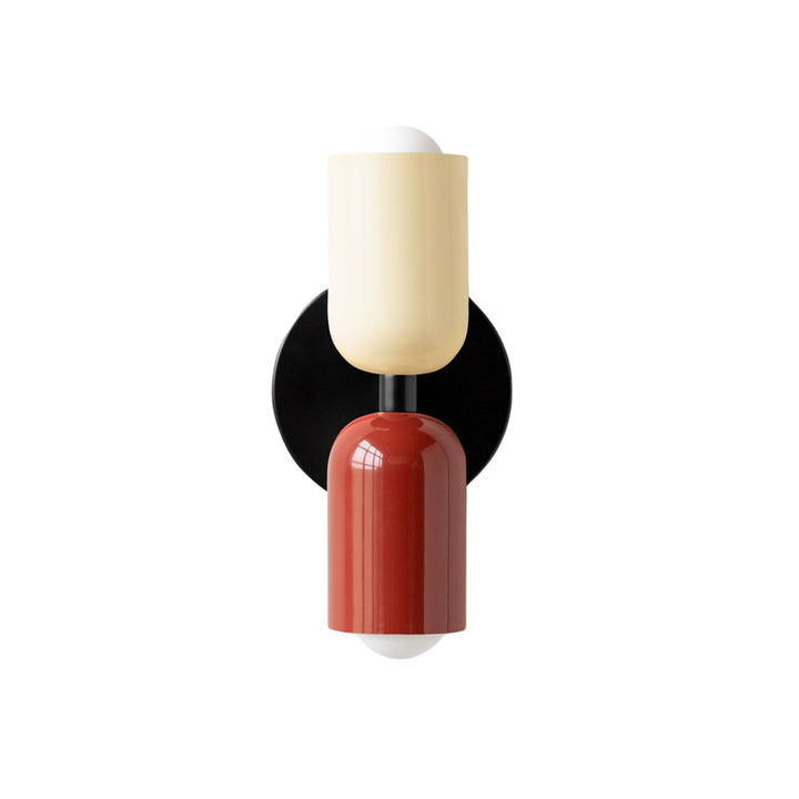Nordic colourful double head wall light in vibrant colors, painted iron, sleek cylindrical design, casts light up and down.