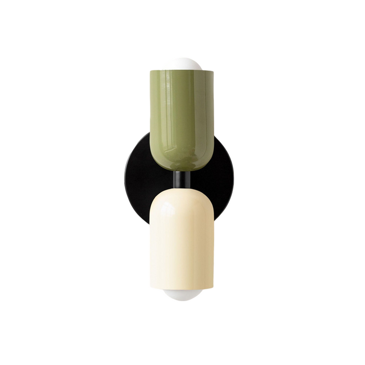 Nordic colourful double head wall light in vibrant colors, painted iron, sleek cylindrical design, casts light up and down.