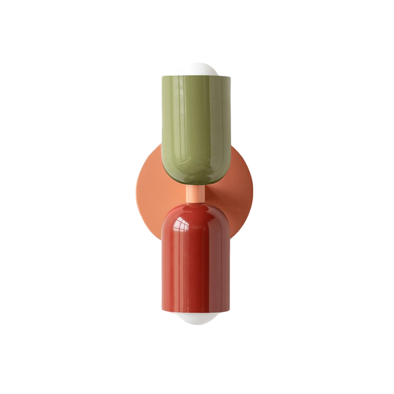 Nordic colourful double head wall light in vibrant colors, painted iron, sleek cylindrical design, casts light up and down.