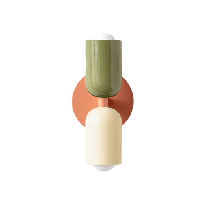 Nordic colourful double head wall light in vibrant colors, painted iron, sleek cylindrical design, casts light up and down.
