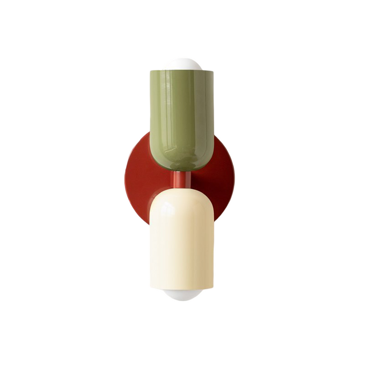 Nordic colourful double head wall light in vibrant colors, painted iron, sleek cylindrical design, casts light up and down.