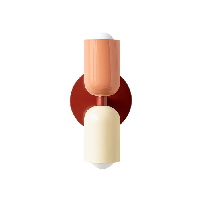 Nordic colourful double head wall light in vibrant colors, painted iron, sleek cylindrical design, casts light up and down.