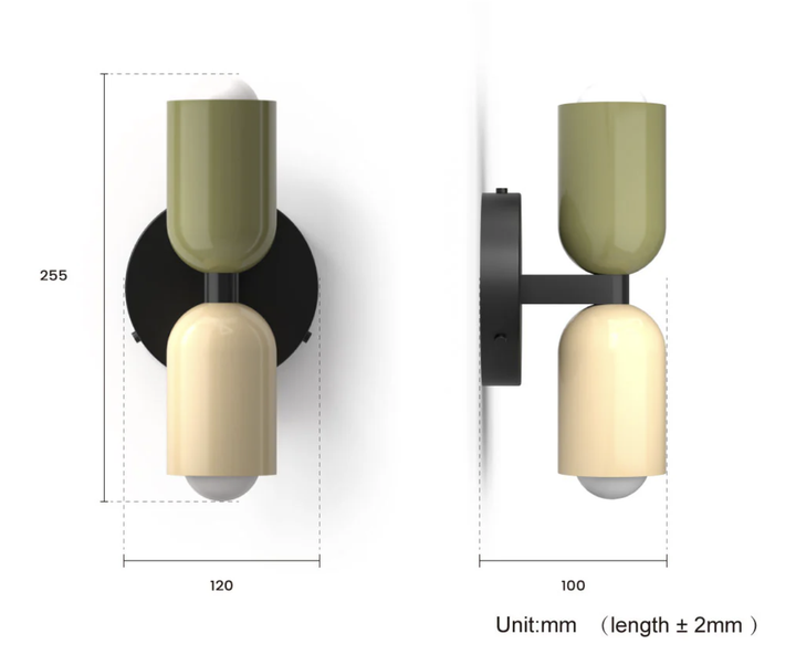 Nordic colourful double head wall light in vibrant colors, painted iron, sleek cylindrical design, casts light up and down.