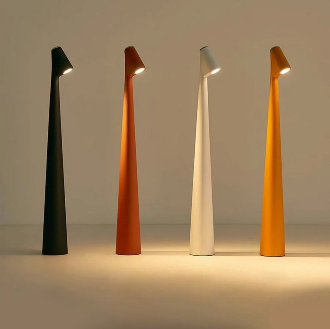Nordic minimalist LED cordless table lamp, sleek design, aluminum body, 3-stage dimmable, perfect for modern home decor.